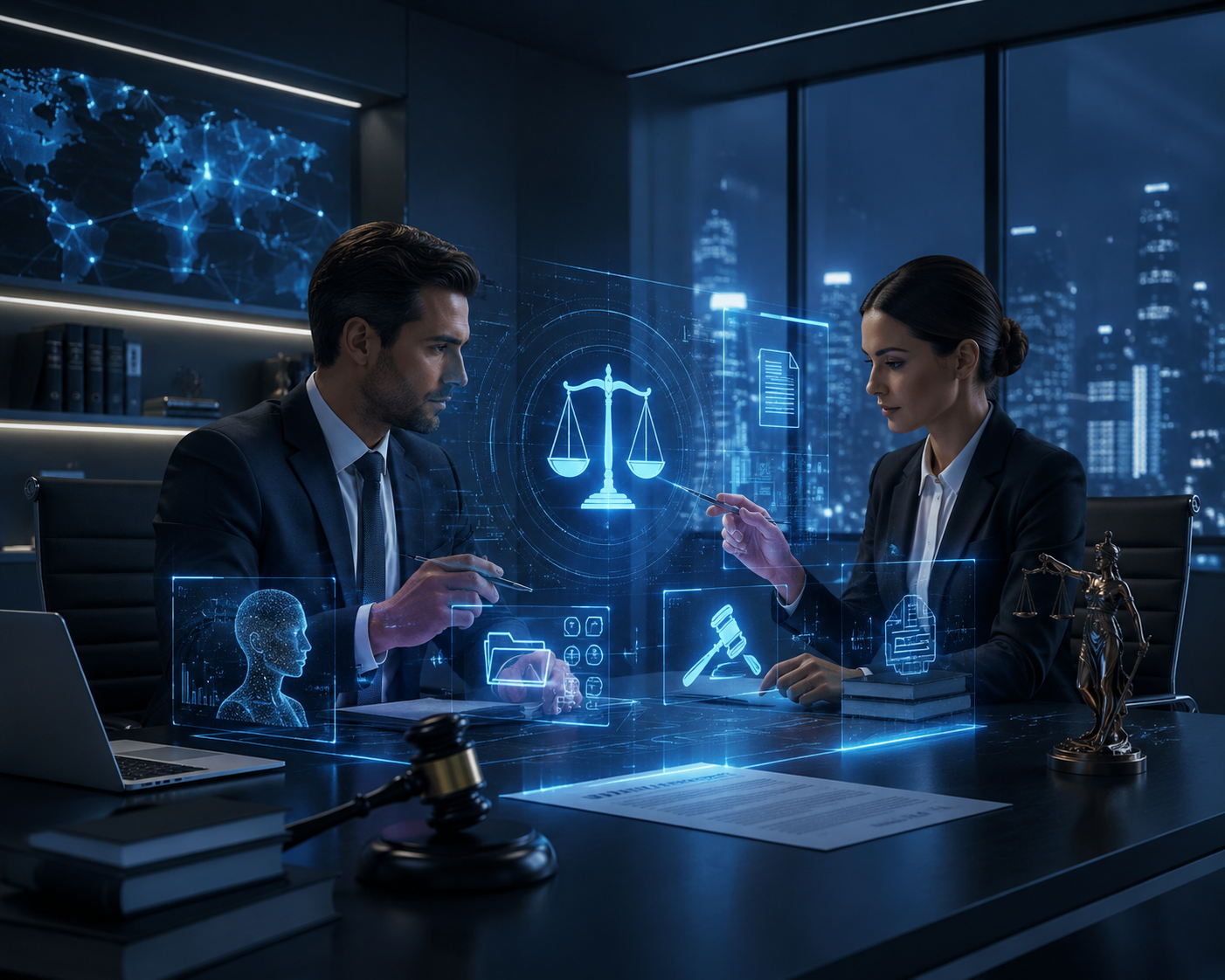 Dos abogados trabajando con hologramas de inteligencia artificial y símbolos de justicia en despacho moderno